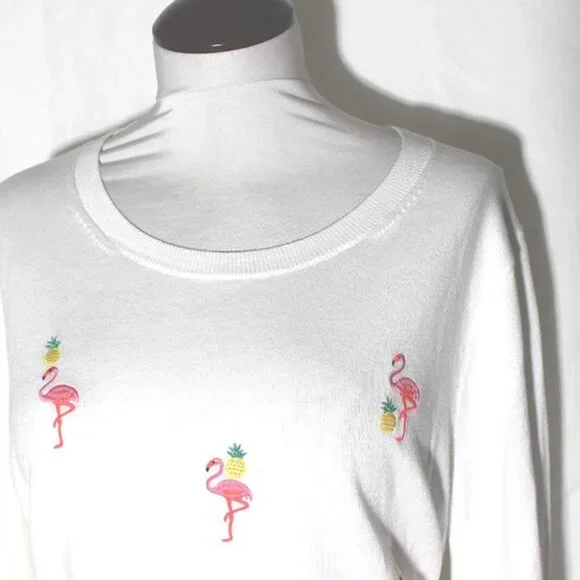 NEW J. Crew Teddi White Cotton Pullover Sweater w Flamingos & Pineapples sz XL - Picture 2 of 3